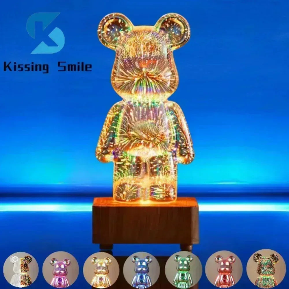 LED 3D Bear Firework Night Light - USB Projector Lamp with Color-Changing Ambient Lighting for Children’s Room & Bedroom Decoration