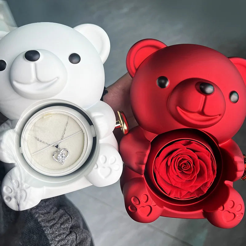 Eternal Rose Teddy Bear Gift Box with Necklace with Rotating Rose Jewelry Box