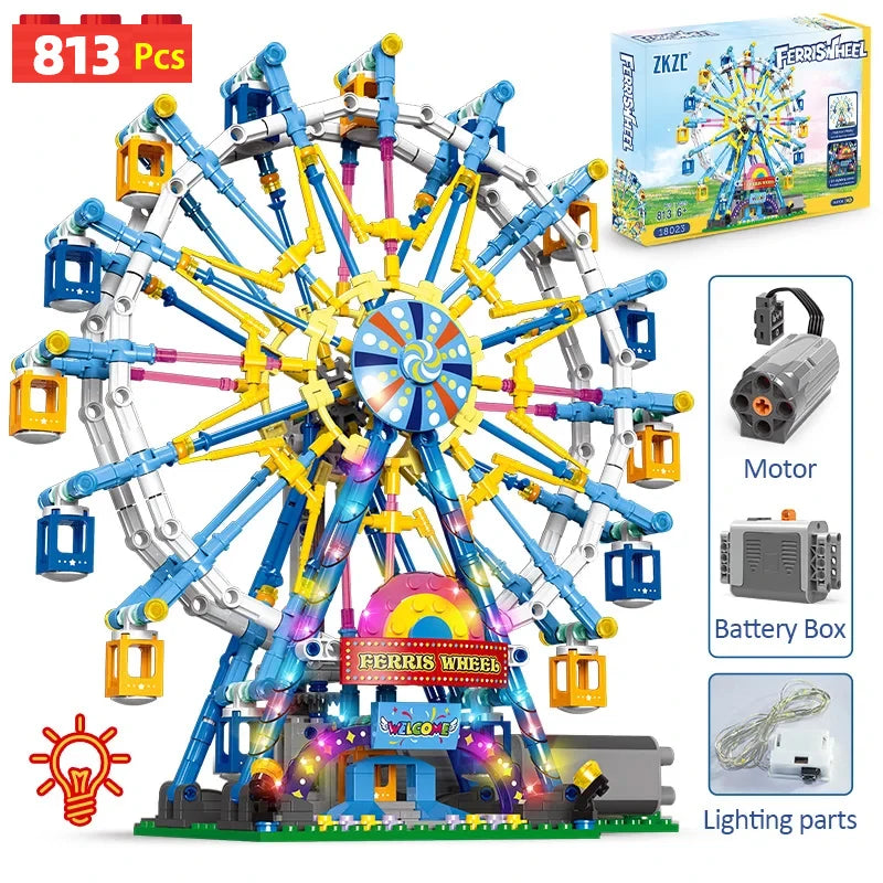 MOC Rotating Ferris Wheel Building Blocks - Electric Bricks with Light for Kids